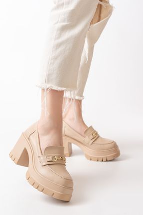 کفش پاشنه بلند کلاسیک بژ زنانه چرم مصنوعی پاشنه ضخیم پاشنه متوسط ( 5 - 9 cm ) کد 797521046