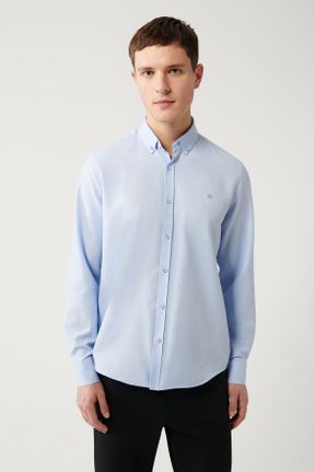 پیراهن آبی مردانه پنبه - پلی استر یقه دکمه دار رگولار کد 285519009