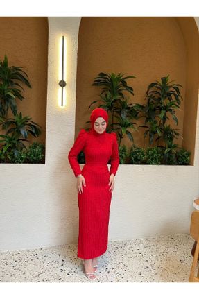 لباس مجلسی قرمز زنانه یقه ایستاده مخملی رگولار کد 796045990