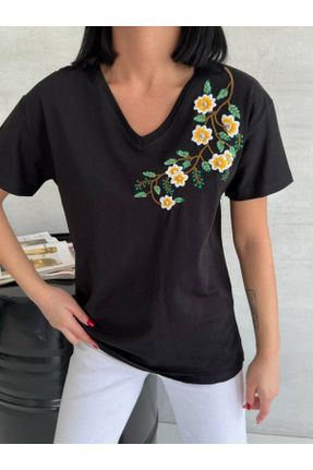 تی شرت مشکی زنانه یقه هفت ریلکس تکی طراحی کد 831982184