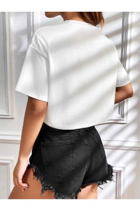 تی شرت سفید زنانه پنبه - پلی استر یقه گرد کراپ تکی بیسیک کد 754327598