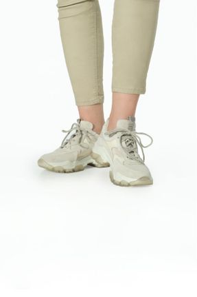 کفش اسنیکر بژ زنانه بند دار چرم طبیعی چرم طبیعی کد 305374112