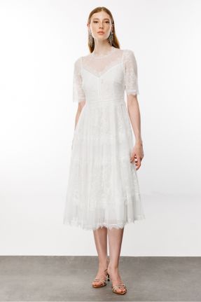 لباس سفید زنانه بافتنی دانتل رگولار آستین-کوتاه کد 78971123