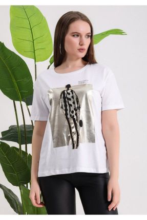 تی شرت سفید زنانه یقه گرد رگولار تکی طراحی کد 828425640