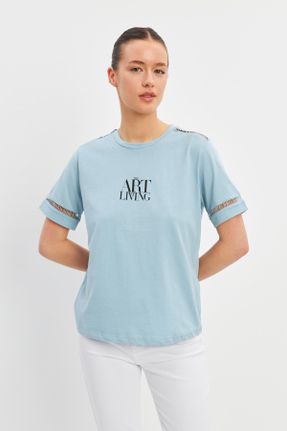 تی شرت آبی زنانه رگولار یقه گرد پنبه - پلی استر تکی طراحی کد 817902682
