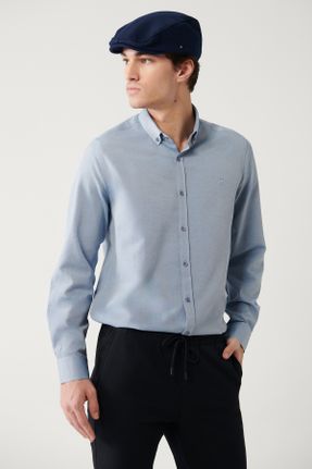 پیراهن آبی مردانه پنبه - پلی استر یقه دکمه دار رگولار کد 57409935