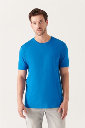 تی شرت آبی مردانه پنبه (نخی) یقه گرد اسلیم فیت تکی بیسیک کد 247847799