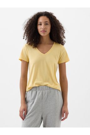 تی شرت زرد زنانه رگولار یقه هفت کد 825567757