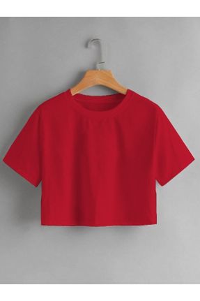 تی شرت قرمز زنانه کراپ یقه گرد پنبه (نخی) تکی بیسیک کد 665135907