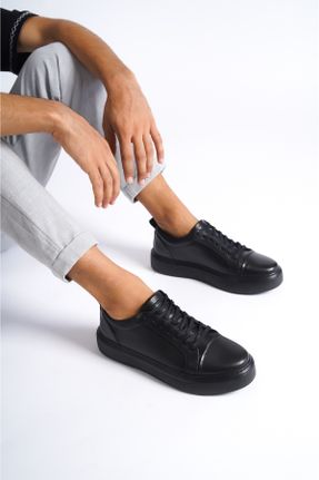 کفش اسنیکر مشکی مردانه چرم طبیعی بند دار کد 753759406