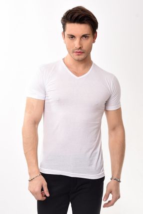 تی شرت سفید مردانه اسلیم فیت پنبه (نخی) یقه هفت تکی بیسیک کد 238543420