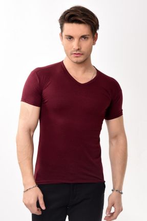 تی شرت زرشکی مردانه یقه هفت اسلیم فیت پنبه (نخی) تکی بیسیک کد 238543402