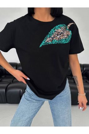 تی شرت مشکی زنانه ریلکس یقه گرد تکی طراحی کد 831799448