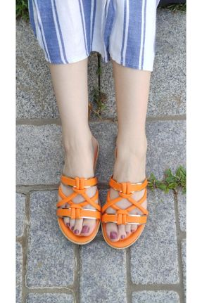 دمپائی نارنجی زنانه چرم مصنوعی پاشنه ساده پاشنه کوتاه ( 4 - 1 cm ) کد 752957843