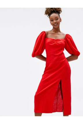 لباس قرمز زنانه بافتنی کتان رگولار آستین-کوتاه کد 683879338