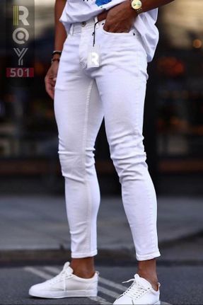 شلوار جین سفید مردانه پاچه تنگ اسلیم بلند کد 690676540