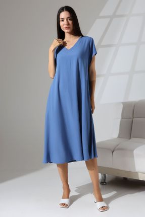 لباس آبی زنانه بافتنی ویسکون سایز بزرگ آستین-کوتاه کد 829724963