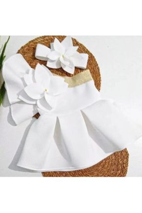 لباس سفید بچه گانه بافتنی طرح گلدار رگولار بند دار پارتی کد 839067675