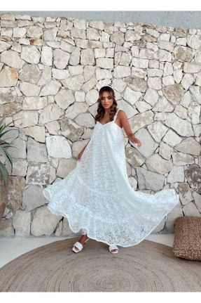 لباس سفید زنانه جین دانتل A-line آستین-بلند کد 809625116