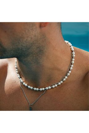 گردنبند جواهر سفید مردانه فلزی کد 813180145
