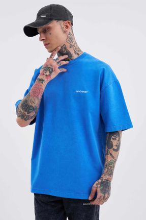 تی شرت آبی مردانه اورسایز یقه گرد پنبه (نخی) تکی کد 828632426
