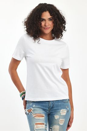 تی شرت سفید زنانه یقه گرد رگولار تکی بیسیک کد 833430838
