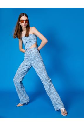 شلوار جین آبی زنانه پاچه ساده فاق بلند پنبه (نخی) ساده بلند کد 274292159