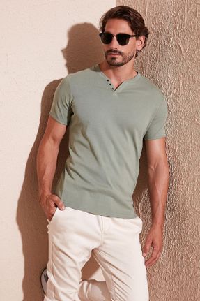 تی شرت سبز مردانه پنبه (نخی) یقه هفت اسلیم فیت تکی کد 252541983