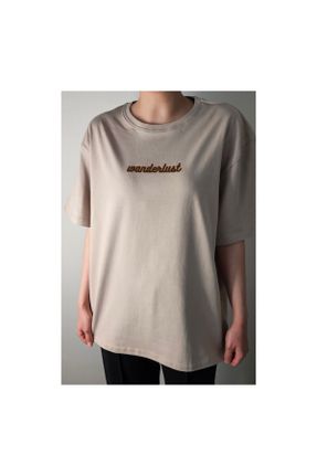 تی شرت قهوه ای زنانه اورسایز یقه گرد تکی طراحی کد 838049365