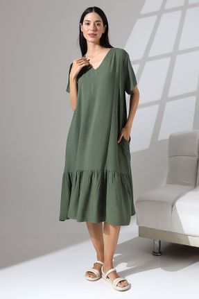 لباس خاکی زنانه بافتنی ویسکون سایز بزرگ آستین-کوتاه کد 828900667