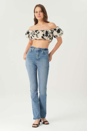 شلوار جین متالیک زنانه پاچه اسپانیولی فاق بلند پارچه ای استاندارد کد 839402905