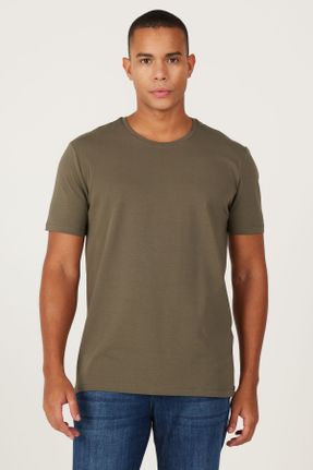 تی شرت خاکی مردانه رگولار یقه گرد پنبه (نخی) تکی کد 796279296