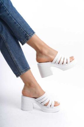 دمپائی سفید زنانه پاشنه پلت فرم چرم مصنوعی پاشنه متوسط ( 5 - 9 cm ) کد 833071463