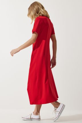 لباس قرمز زنانه بافت پنبه - پلی استر - الاستن A-line آستین-کوتاه بیسیک کد 839489873
