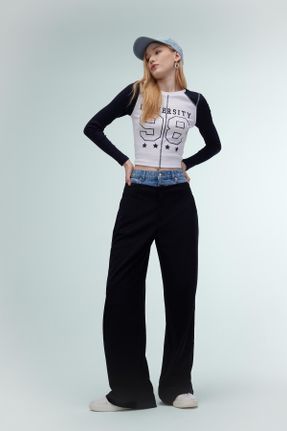 شلوار جین سرمه ای زنانه پاچه لوله ای فاق بلند استاندارد کد 807193330