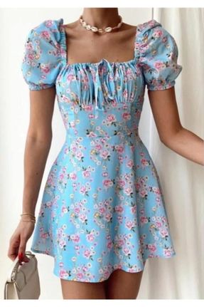 لباس آبی زنانه بافتنی طرح گلدار سوپر اسلیم فیت بند دار بیسیک کد 124853355