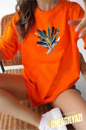 تی شرت نارنجی زنانه رگولار یقه گرد پنبه (نخی) تکی کد 834887237