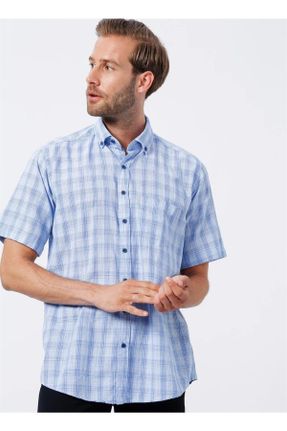 پیراهن آبی مردانه راحت یقه پیراهنی پنبه (نخی) کد 467434306