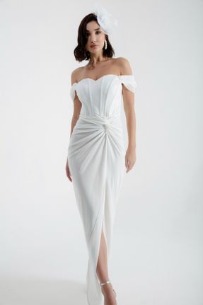 لباس مجلسی سفید زنانه یقه قایقی رگولار تور آستین کوتاه آستر دار کد 797883988