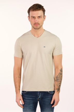 تی شرت بژ مردانه یقه هفت رگولار تکی بیسیک کد 311096387