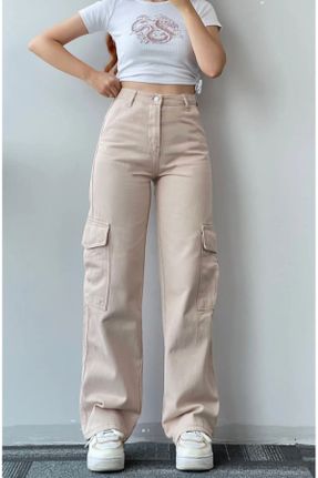 شلوار بژ زنانه پاچه گشاد پنبه (نخی) فاق بلند جین فاق بلند کد 464044192
