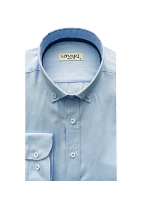پیراهن آبی مردانه راحت یقه دکمه دار پنبه (نخی) کد 185047869