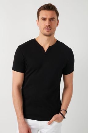 تی شرت مشکی مردانه اسلیم فیت یقه هفت پنبه (نخی) تکی کد 87627020