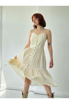 لباس بژ زنانه بافتنی پنبه - پلی استر طرح گلدار رگولار بند دار کد 830509317