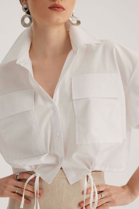 پیراهن سفید زنانه یقه پیراهنی اورسایز کتان کد 674241201