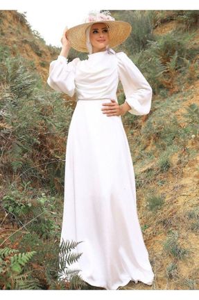 لباس مجلسی سفید زنانه یقه ایستاده ساتن آستین استاندارد اسلیم کد 795268287