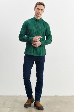 پیراهن سبز مردانه رگولار یقه پیراهنی پنبه (نخی) کد 407075316