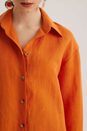 پیراهن نارنجی زنانه کتان یقه پیراهنی اورسایز کد 675115968