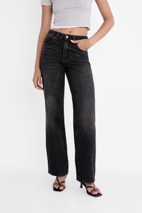 شلوار جین مشکی زنانه پاچه گشاد فاق بلند پنبه (نخی) ساده استاندارد کد 737915789