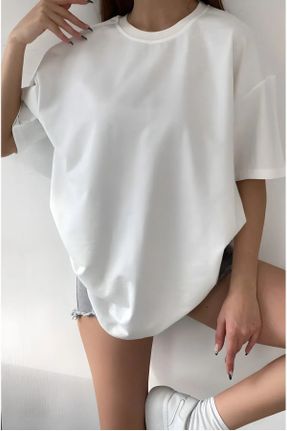 تی شرت سفید زنانه اورسایز یقه گرد تکی کد 810593178